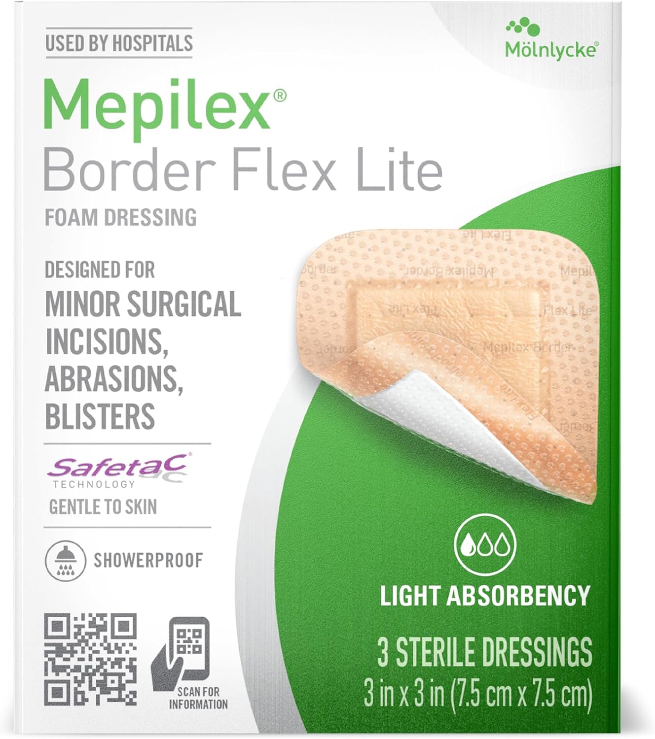 Mepilex Border Flex Lite 3 x 3 in (7.5x7.5 cm) Hospital Grade Dressings for Minor Surgical Incisions, Abrasions and Blisters for Up to Several Day Use