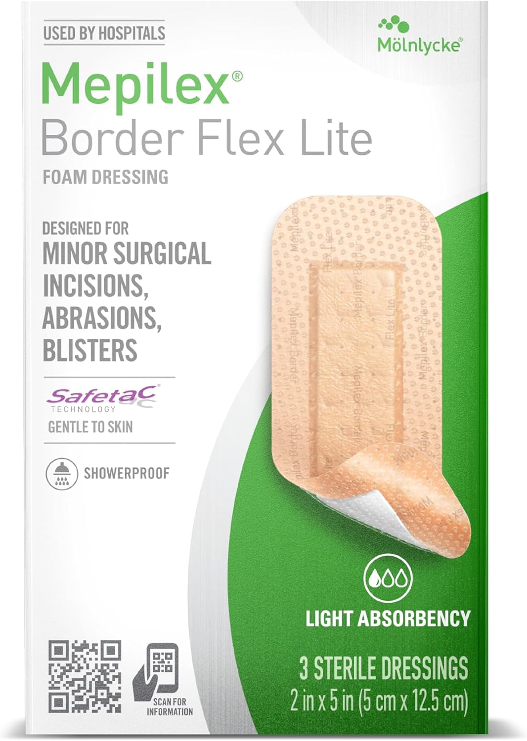 Mepilex Border Flex Lite 2 x 5in (5x12.5 cm) Hospital Grade Dressings for Minor Surgical Incisions, Abrasions and Blisters for up to Several Day Use