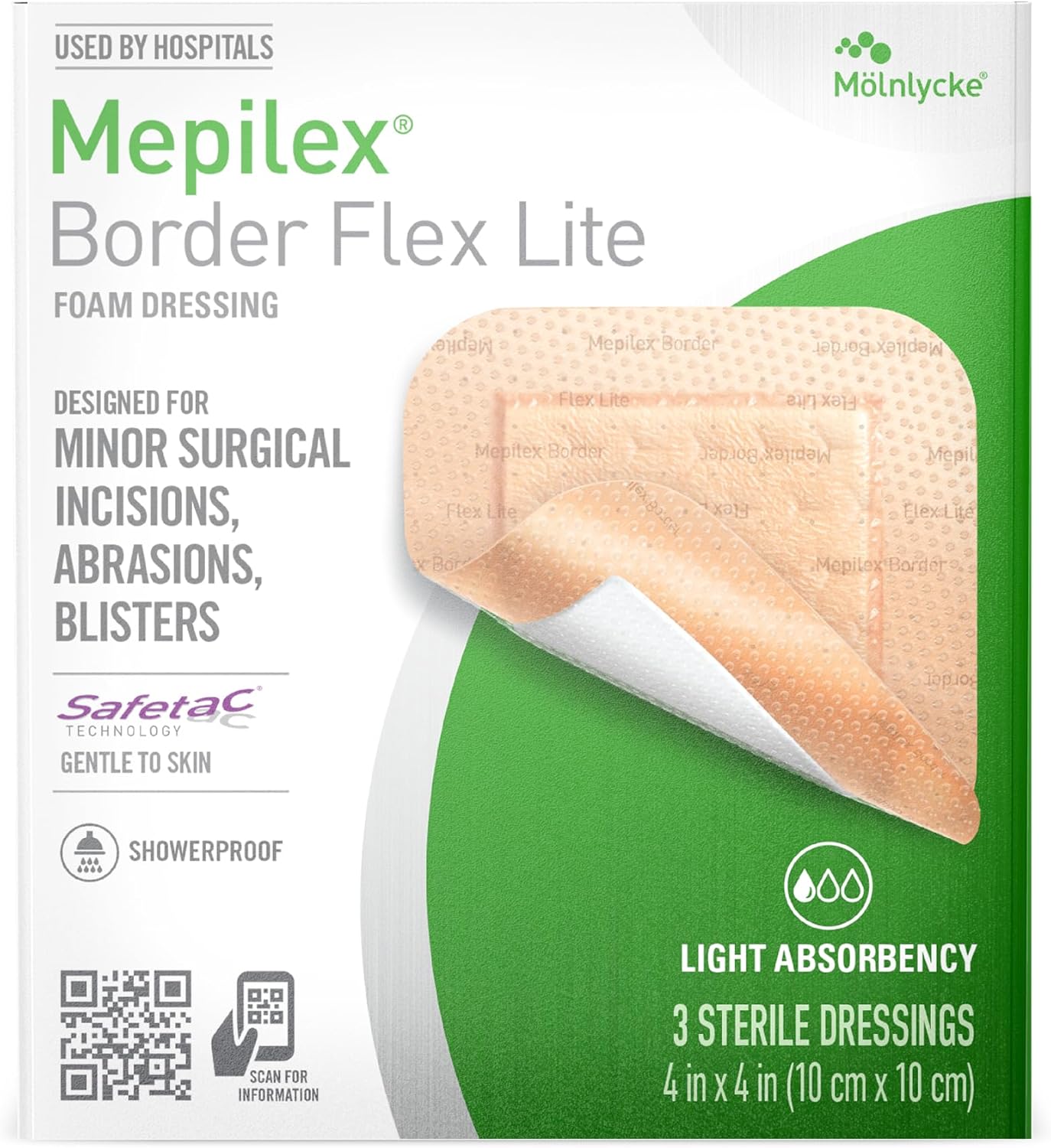 Mepilex Border Flex Lite 4x4 in (10x10 cm) Hospital Grade Dressings for Minor Surgical Incisions, Abrasions and Blisters for up to Several Day Use